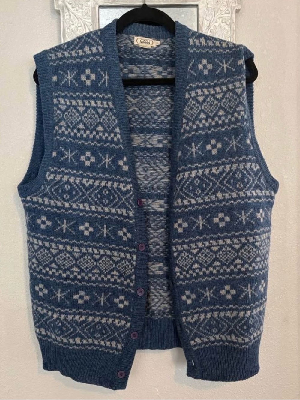 Vtg Women's Blue Fair Isle Wool Knit Vest Hilwin